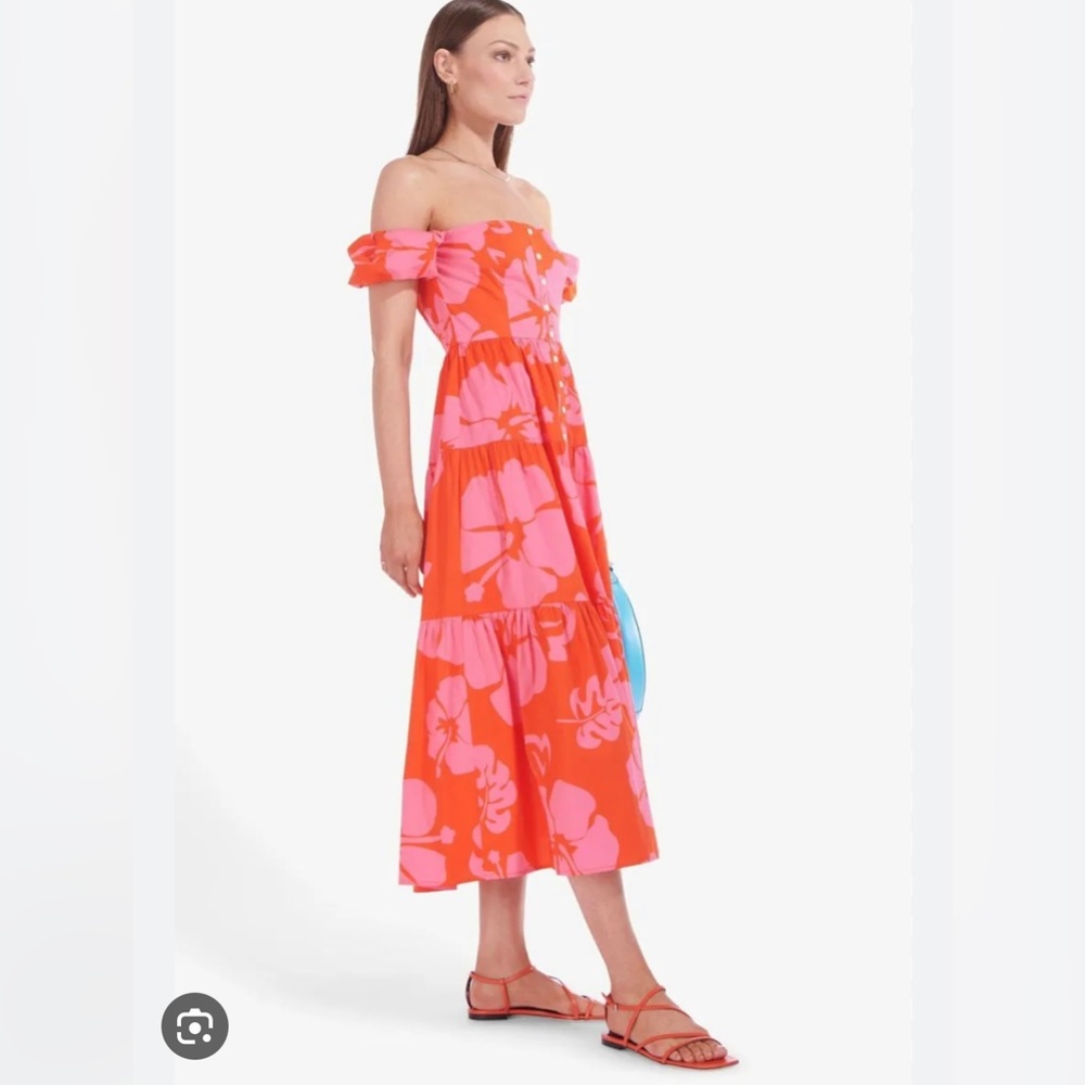Staud - 8 - Olio Midi Off Shoulder Dress - Red hibiscus
